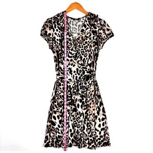 MSK Dress Women Large Beige Black Leopard Animal Print Wrap Style Short Sleeve